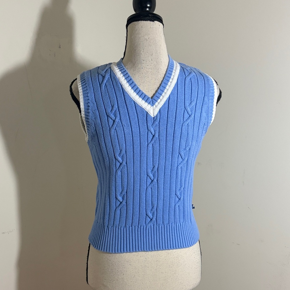 Kitestrings, Light Blue Cable Knit V-Neck Sweater Vest with White Trim